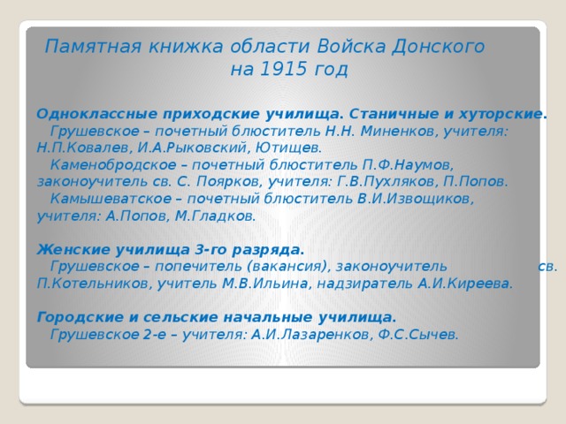 Памятная книжка области Войска Донского на 1915 год Одноклассные приходские училища. Станичные и хуторские.  Грушевское – почетный блюститель Н.Н. Миненков, учителя: Н.П.Ковалев, И.А.Рыковский, Ютищев.  Каменобродское – почетный блюститель П.Ф.Наумов, законоучитель св. С. Поярков, учителя: Г.В.Пухляков, П.Попов.  Камышеватское – почетный блюститель В.И.Извощиков, учителя: А.Попов, М.Гладков.  Женские училища 3-го разряда.  Грушевское – попечитель (вакансия), законоучитель св. П.Котельников, учитель М.В.Ильина, надзиратель А.И.Киреева.  Городские и сельские начальные училища.  Грушевское 2-е – учителя: А.И.Лазаренков, Ф.С.Сычев.