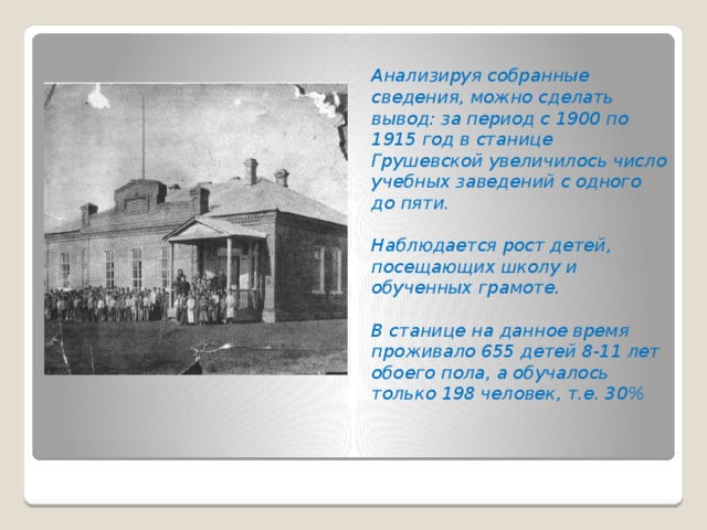 Анализируя собранные сведения, можно сделать вывод: за период с 1900 по 1915 год в станице Грушевской увеличилось число учебных заведений с одного до пяти.  Наблюдается рост детей, посещающих школу и обученных грамоте.  В станице на данное время проживало 655 детей 8-11 лет обоего пола, а обучалось только 198 человек, т.е. 30%