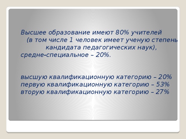 Высшее образование имеют 80% учителей (в том числе 1 человек имеет ученую степень кандидата педагогических наук), средне-специальное – 20%.   высшую квалификационную категорию – 20% первую квалификационную категорию – 53% вторую квалификационную категорию – 27%