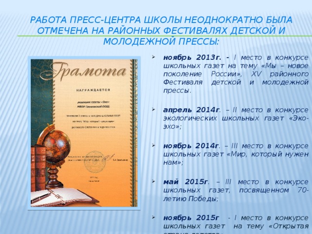 Работа пресс-центра школы неоднократно была отмечена на районных фестивалях детской и молодежной прессы: ноябрь 2013г. - I место в конкурсе школьных газет на тему «Мы – новое поколение России», XV районного Фестиваля детской и молодежной прессы.  апрель 2014г . – II место в конкурсе экологических школьных газет «Эко-эхо»;  ноябрь 2014г . – III место в конкурсе школьных газет «Мир, который нужен нам»;  май 2015г . – III место в конкурсе школьных газет, посвященном 70-летию Победы;  ноябрь 2015г - I место в конкурсе школьных газет на тему «Открытая страна детства»