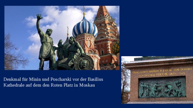 Denkmal für Minin und Poscharski vor der Basilius Kathedrale auf dem den Roten Platz in Moskau
