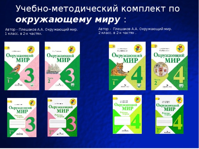 Учебно-методический комплект по окружающему миру :  Автор - Плешаков А.А. Окружающий мир.  1 класс. в 2-х частях.  Автор -  Плешаков А.А. Окружающий мир. 2 класс. в 2-х частях .