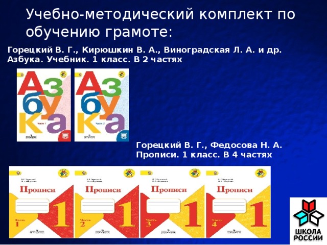 Учебно-методический комплект по обучению грамоте: Горецкий В. Г., Кирюшкин В. А., Виноградская Л. А. и др. Азбука. Учебник. 1 класс. В 2 частях Горецкий В. Г., Федосова Н. А. Прописи. 1 класс. В 4 частях