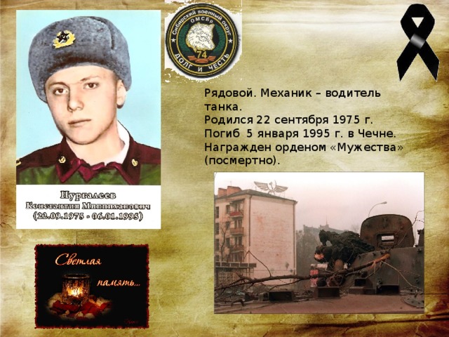 Рядовой. Механик – водитель танка. Родился 22 сентября 1975 г. Погиб 5 января 1995 г. в Чечне. Награжден орденом «Мужества» (посмертно).