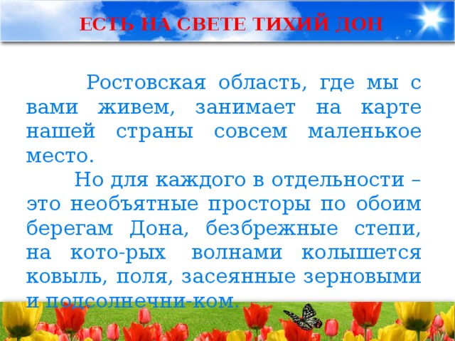 ЕСТЬ НА СВЕТЕ ТИХИЙ ДОН  Ростовская область, где мы с вами живем, занимает на карте нашей страны совсем маленькое место.  Но для каждого в отдельности – это необъятные просторы по обоим берегам Дона, безбрежные степи, на кото-рых  волнами колышется ковыль, поля, засеянные зерновыми и подсолнечни-ком. 