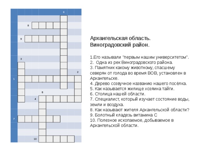                             8 9                                   6       3                                             1                                                                                                             4 5           7                                 2                                                                   10                                                     Архангельская область. Виноградовский район. 1.Его называли 