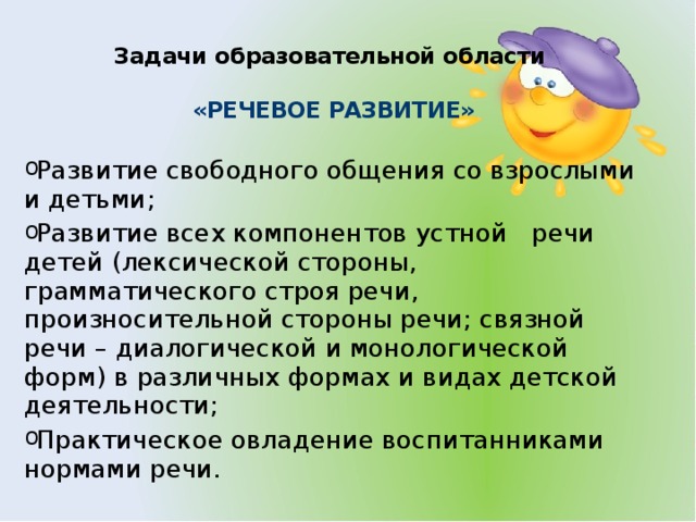 Задачи образовательной области  «РЕЧЕВОЕ РАЗВИТИЕ»  Развитие свободного общения со взрослыми и детьми; Развитие всех компонентов устной  речи детей (лексической стороны, грамматического строя речи, произносительной стороны речи; связной речи – диалогической и монологической форм) в различных формах и видах детской деятельности; Практическое овладение воспитанниками нормами речи.  