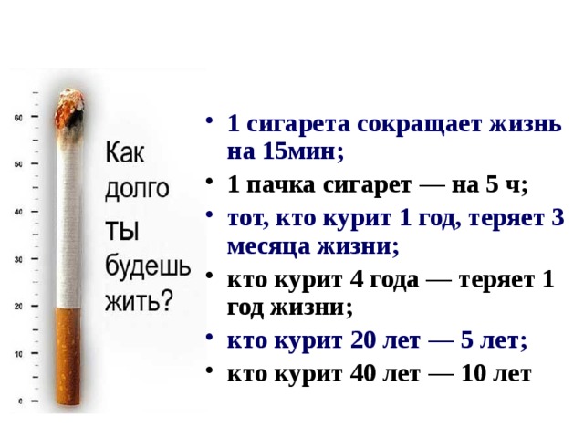 1 сигарета сокращает жизнь на 15мин; 1 пачка сигарет — на 5 ч; тот, кто курит 1 год, теряет 3 месяца жизни;  кто курит 4 года — теряет 1 год жизни; кто курит 20 лет — 5 лет; кто курит 40 лет — 10 лет 