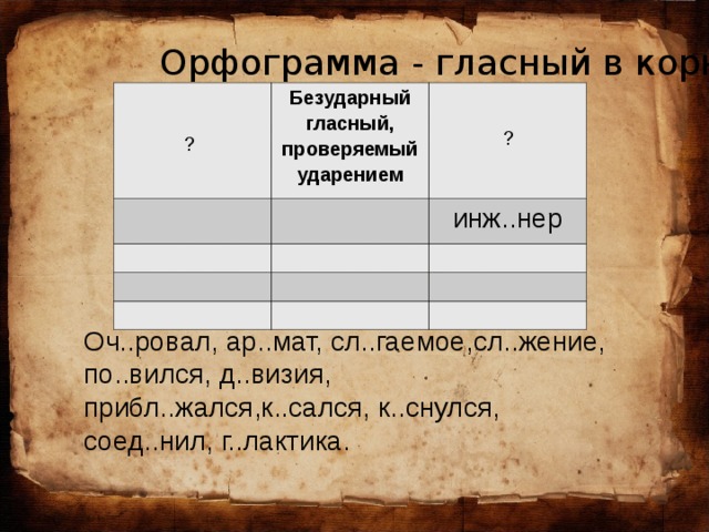 Орфограмма - гласный в корне  Безударный гласный, проверяемый ударением инж..нер ? ? Оч..ровал, ар..мат, сл..гаемое,сл..жение, по..вился, д..визия, прибл..жался,к..сался, к..снулся, соед..нил, г..лактика.