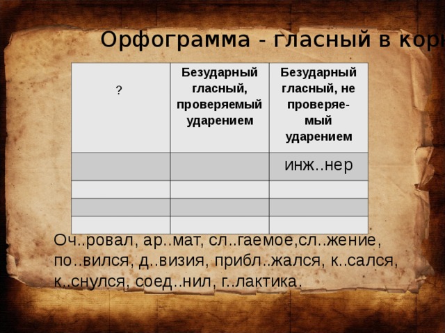 Орфограмма - гласный в корне  Безударный гласный, проверяемый ударением Безударный гласный, не проверяе- мый ударением инж..нер ? Оч..ровал, ар..мат, сл..гаемое,сл..жение, по..вился, д..визия, прибл..жался, к..сался, к..снулся, соед..нил, г..лактика.