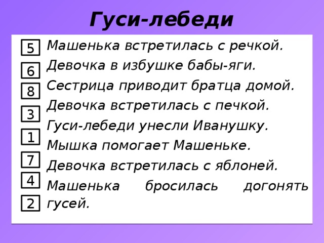 Гуси-лебеди Машенька встретилась с речкой. Девочка в избушке бабы-яги. Сестрица приводит братца домой. Девочка встретилась с печкой. Гуси-лебеди унесли Иванушку. Мышка помогает Машеньке. Девочка встретилась с яблоней. Машенька бросилась догонять гусей. 5 6 8 3 1 7 4 2