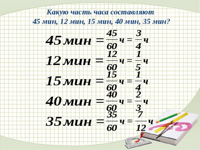 Какую часть часа составляют 45 мин, 12 мин, 15 мин, 40 мин, 35 мин? № 246