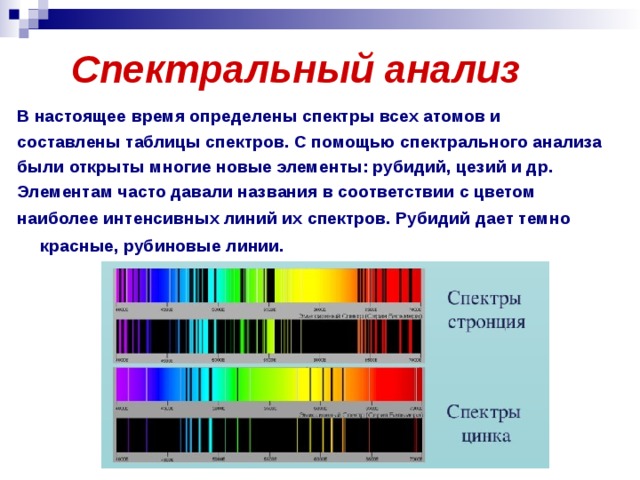 Спектральный анализ В настоящее время определены спектры всех атомов и составлены таблицы спектров. С помощью спектрального анализа были открыты многие новые элементы: рубидий, цезий и др. Элементам часто давали названия в соответствии с цветом наиболее интенсивных линий их спектров. Рубидий дает темно красные, рубиновые линии.