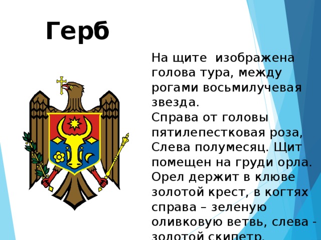 Герб На щите изображена голова тура, между рогами восьмилучевая звезда. Справа от головы пятилепестковая роза, Слева полумесяц. Щит помещен на груди орла. Орел держит в клюве золотой крест, в когтях справа – зеленую оливковую ветвь, слева - золотой скипетр.