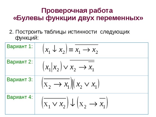 Проверочная работа  «Булевы функции двух переменных» 2. Построить таблицы истинности  следующих  функций: Вариант 1: Вариант 2: Вариант 3: Вариант 4: