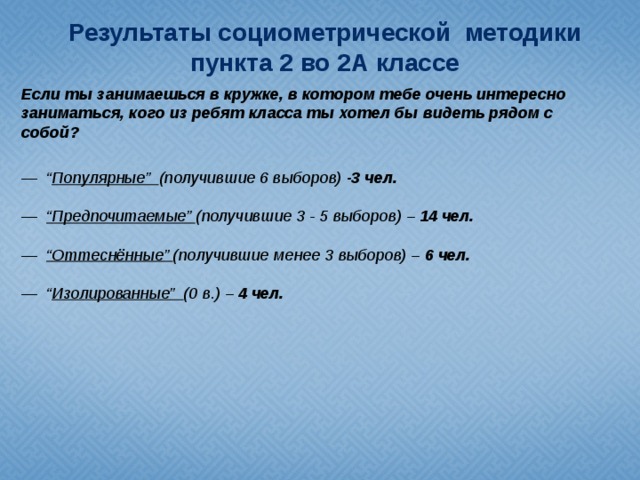 Результаты социометрической методики пункта 2 во 2А классе Если ты занимаешься в кружке, в котором тебе очень интересно заниматься, кого из ребят класса ты хотел бы видеть рядом с собой?  —   “ Популярные” (получившие 6 выборов) -3 чел. —   “ Предпочитаемые” (получившие 3 - 5 выборов) – 14 чел. —   “ Оттеснённые” (получившие менее 3 выборов) – 6 чел. —   “ Изолированные” (0 в.) – 4 чел.