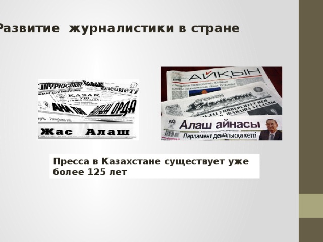 Развитие журналистики в стране Пресса в Казахстане существует уже более 125 лет