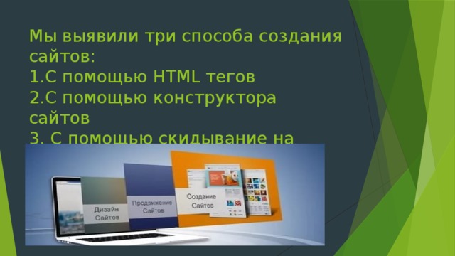 Мы выявили три способа создания сайтов:  1.С помощью HTML тегов  2.С помощью конструктора сайтов  3. С помощью скидывание на хостинг готовых шаблонов