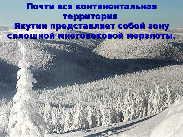Почти вся континентальная территория Якутии представляет собой зону сплошной многовековой мерзлоты.