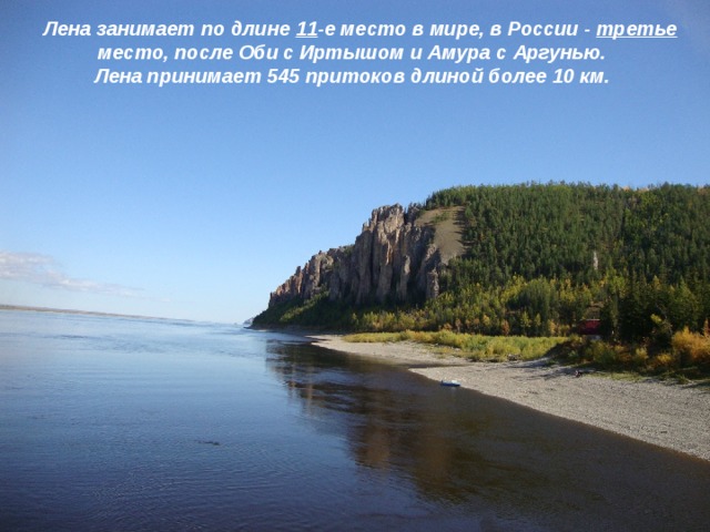    Лена занимает по длине 11 -е место в мире, в России - третье место, после Оби с Иртышом и Амура с Аргунью. Лена принимает 545 притоков длиной более 10 км.