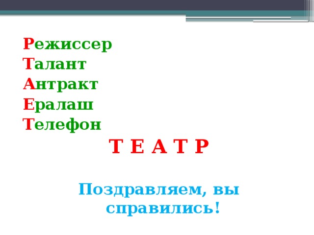 Р ежиссер Т алант А нтракт Е ралаш Т елефон Т Е А Т Р  Поздравляем, вы справились!