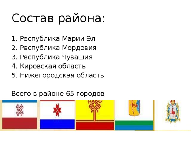 Состав района: 1. Республика Марии Эл 2. Республика Мордовия 3. Республика Чувашия 4. Кировская область 5. Нижегородская область Всего в районе 65 городов