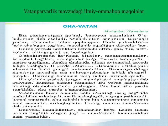 Vatanparvarlik mavzudagi ilmiy-ommabop maqolalar