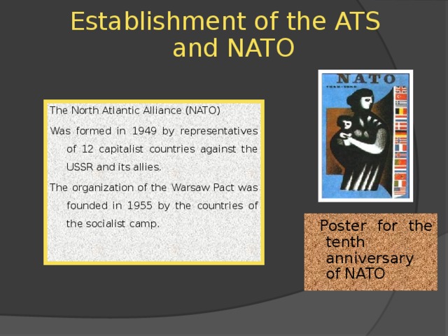 Establishment of the ATS and NATO The North Atlantic Alliance (NATO) Was formed in 1949 by representatives of 12 capitalist countries against the USSR and its allies. The organization of the Warsaw Pact was founded in 1955 by the countries of the socialist camp.  Poster for the tenth anniversary of NATO
