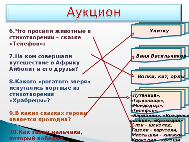 Улитку 6.Что просили животные в стихотворении – сказке «Телефон»:  7.На ком совершали путешествие в Африку Айболит и его друзья?  8.Какого «рогатого зверя» испугались портные из стихотворения «Храбрецы»?  9.В каких сказках героем является крокодил?  10.Как звали мальчика, который победил Крокодила? Ваня Васильчиков Волки, кит, орлы «Путаница», «Тарканище», «Мойдодыр», «Телефон», «Бармалей», «Краденое солнце», «Крокодил» Слон – шоколад, Газели – карусели, Мартышки – книжки, Крокодил – калоши