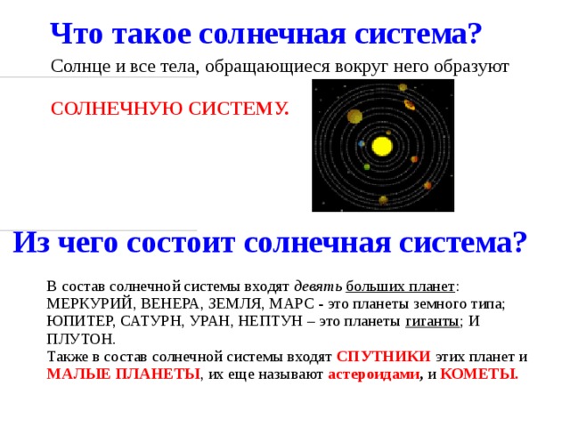 Что такое солнечная система?                                                                                                                Из чего состоит солнечная система?                      Солнце и все тела, обращающиеся вокруг него образуют СОЛНЕЧНУЮ СИСТЕМУ.                      В состав солнечной системы входят девять  больших планет : МЕРКУРИЙ, ВЕНЕРА, ЗЕМЛЯ, МАРС - это планеты земного типа; ЮПИТЕР, САТУРН, УРАН, НЕПТУН – это планеты гиганты ; И ПЛУТОН. Также в состав солнечной системы входят СПУТНИКИ  этих планет и МАЛЫЕ ПЛАНЕТЫ , их еще называют астероидами , и КОМЕТЫ.