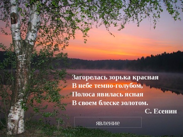 Загорелась зорька красная В небе темно-голубом, Полоса явилась ясная В своем блеске золотом. С. Есенин явление