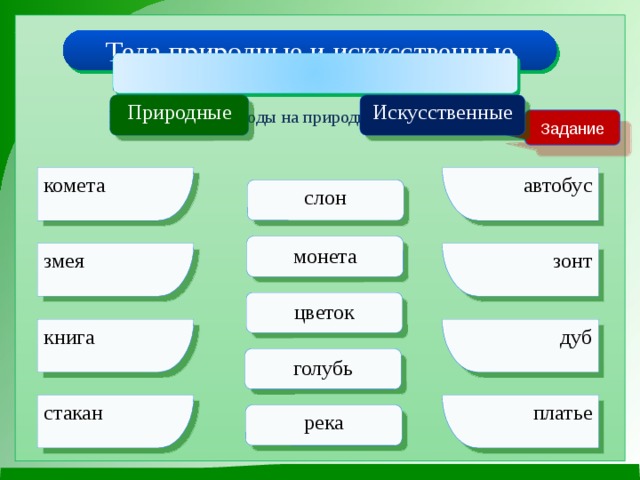 Тела природные и искусственные Природные Искусственные Раздели тела природы на природные и искусственные Задание автобус комета слон монета змея зонт цветок книга дуб голубь стакан платье река