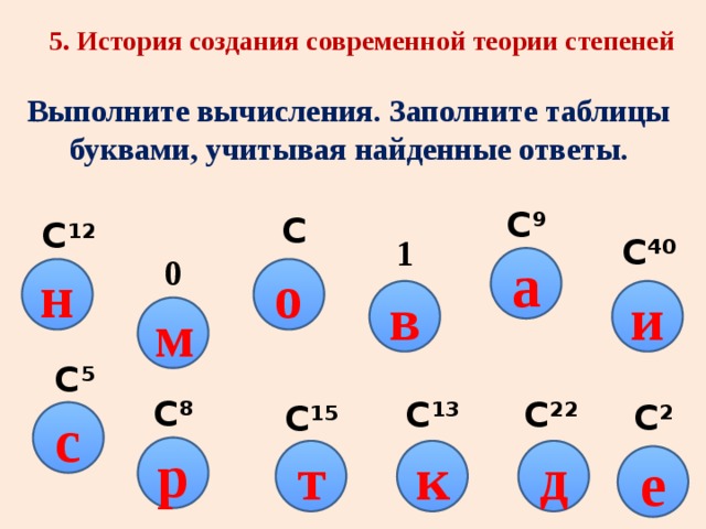 5. История создания современной теории степеней Выполните вычисления. Заполните таблицы буквами, учитывая найденные ответы. С 9 С С 12 С 40 1 0 а о н и в м С 5 С 8 С 22 С 13 С 2 С 15 с р д т к е