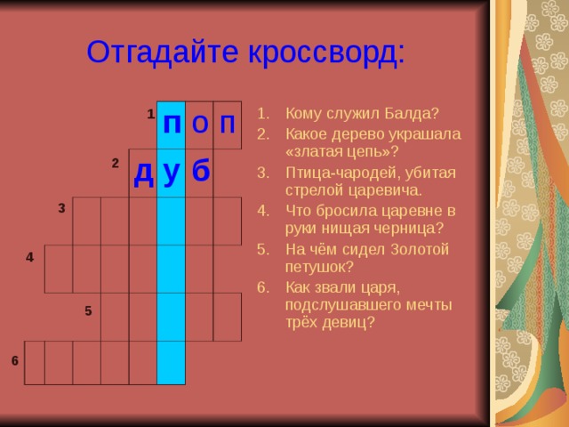 Отгадайте кроссворд: Кому служил Балда? Какое дерево украшала «златая цепь»? Птица-чародей, убитая стрелой царевича. Что бросила царевне в руки нищая черница? На чём сидел Золотой петушок? Как звали царя, подслушавшего мечты трёх девиц? 1 п д у о п б 2 3 4 5 6