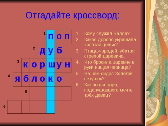 Отгадайте кроссворд: Кому служил Балда? Какое дерево украшала «златая цепь»? Птица-чародей, убитая стрелой царевича. Что бросила царевне в руки нищая черница? На чём сидел Золотой петушок? Как звали царя, подслушавшего мечты трёх девиц? 1 я к б о п д у л р о б ш п о к у н о 2 3 4 5 6