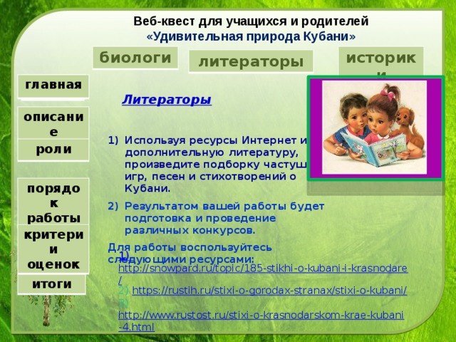 Веб-квест для учащихся и родителей  «Удивительная природа Кубани»   биологи историки литераторы главная Литераторы описание  Используя ресурсы Интернет и дополнительную литературу, произведите подборку частушек, игр, песен и стихотворений о Кубани. Результатом вашей работы будет подготовка и проведение различных конкурсов. Для работы воспользуйтесь следующими ресурсами: роли порядок работы критерии оценок 1) http://snowpard.ru/topic/185-stikhi-o-kubani-i-krasnodare/ 2) https://rustih.ru/stixi-o-gorodax-stranax/stixi-o-kubani/ 3)  http://www.rustost.ru/stixi-o-krasnodarskom-krae-kubani-4.html итоги