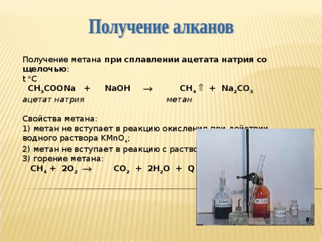 Получение метана при сплавлении ацетата натрия со щелочью : t  C  CH 3 COONa + NaOH   CH 4   + Na 2 CO 3  ацетат натрия  метан Свойства метана: 1) метан не вступает в реакцию окисления при действии водного раствора KMnO 4 ; 2) метан не вступает в реакцию с раствором брома; 3) горение метана:  CH 4 + 2О 2   СО 2 + 2Н 2 О + Q