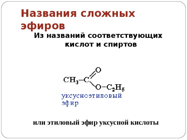 Названия сложных эфиров Из названий соответствующих кислот и спиртов        или этиловый эфир уксусной кислоты
