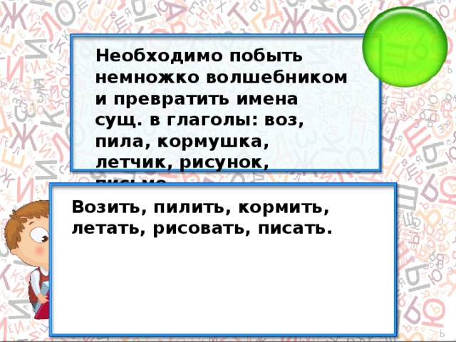 Необходимо побыть немножко волшебником и превратить имена сущ. в глаголы: воз, пила, кормушка, летчик, рисунок, письмо. Возить, пилить, кормить, летать, рисовать, писать.