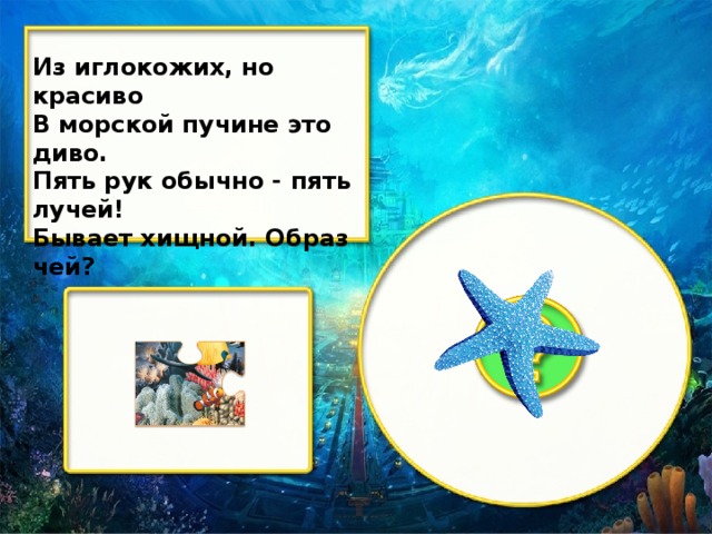 Из иглокожих, но красиво В морской пучине это диво. Пять рук обычно - пять лучей! Бывает хищной. Образ чей?