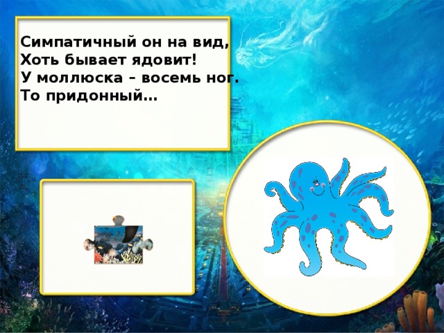 Симпатичный он на вид, Хоть бывает ядовит! У моллюска – восемь ног. То придонный…