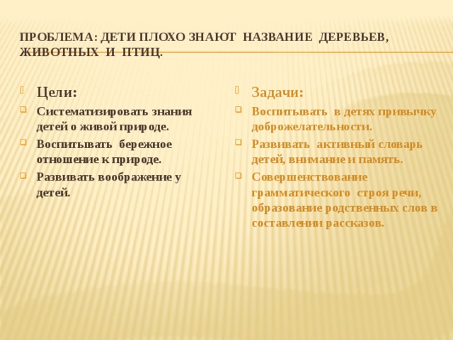 Проблема: дети плохо знают название деревьев, животных и птиц.