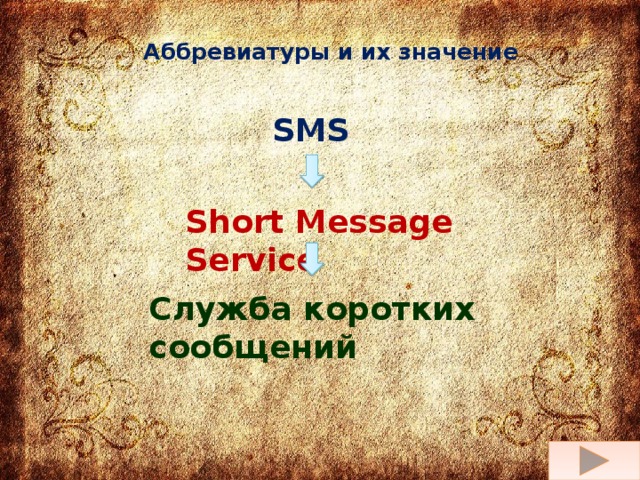 Аббревиатуры и их значение SMS Short Message Service Служба коротких сообщений