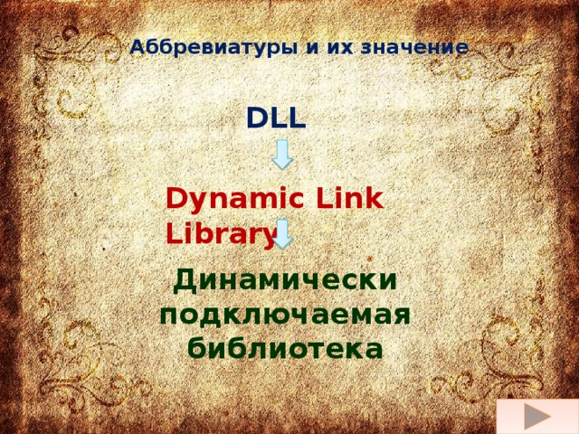 Аббревиатуры и их значение DLL Dynamic Link Library Динамически подключаемая библиотека