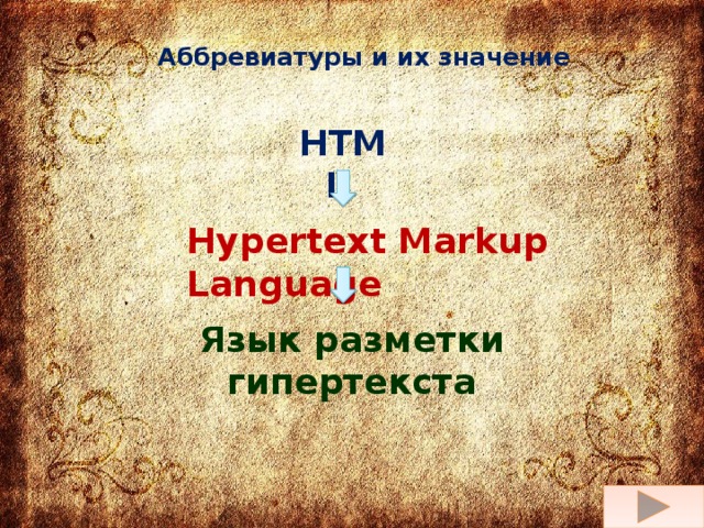 Аббревиатуры и их значение HTML Hypertext Markup Language Язык разметки гипертекста