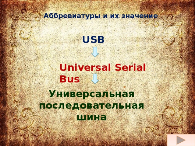 Аббревиатуры и их значение USB Universal Serial Bus Универсальная последовательная шина