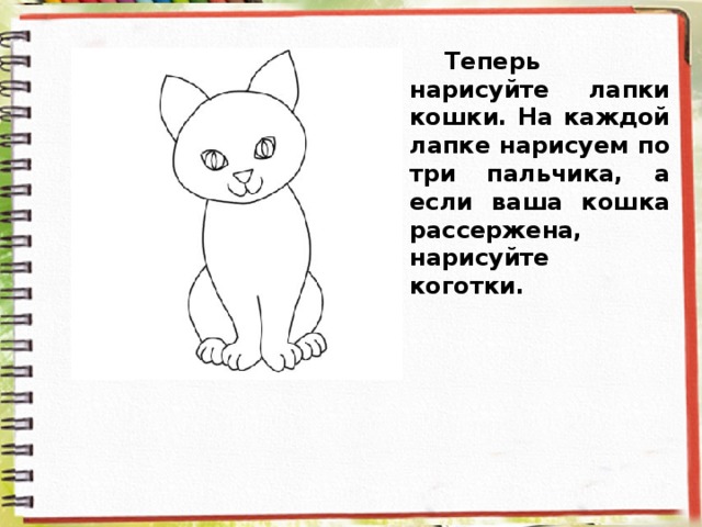 Теперь нарисуйте лапки кошки. На каждой лапке нарисуем по три пальчика, а если ваша кошка рассержена, нарисуйте коготки.