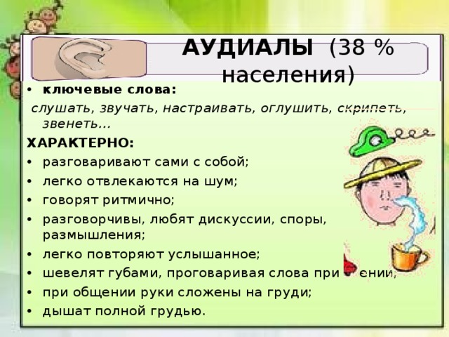 АУДИАЛЫ (38 % населения) ключевые слова:  слушать, звучать, настраивать, оглушить, скрипеть, звенеть… ХАРАКТЕРНО: