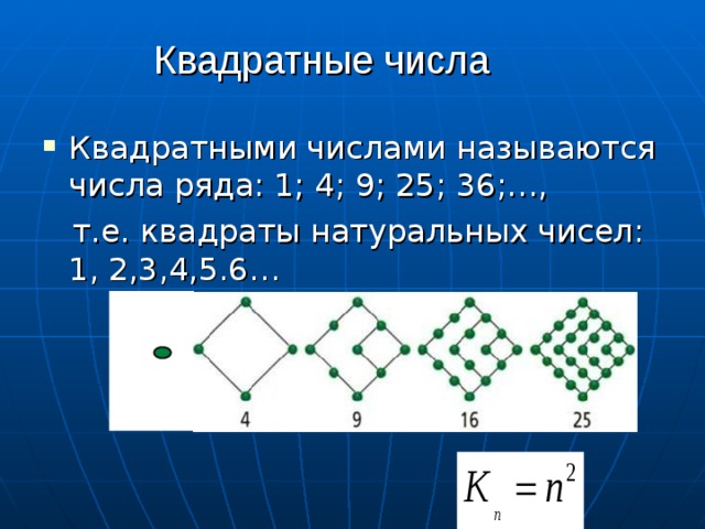 Квадратные числа Квадратными числами называются числа ряда: 1; 4; 9; 25; 36;…,  т.е. квадраты натуральных чисел: 1, 2,3,4,5.6…