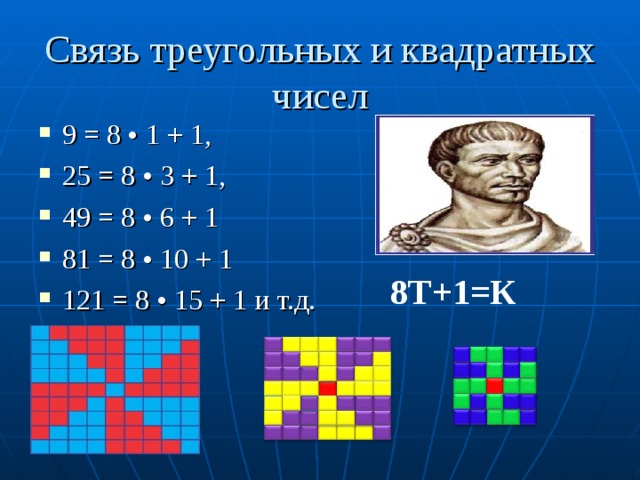 Связь треугольных и квадратных чисел 9 = 8 • 1 + 1,  25 = 8 • 3 + 1, 49 = 8 • 6 + 1   81 = 8 • 10 + 1  121 = 8 • 15 + 1 и т.д.   8Т+1=К